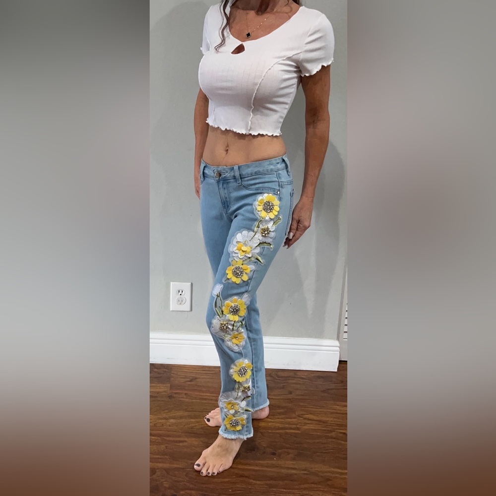Skinny Denim Jeans Boston Proper with flowers and rhinestones.